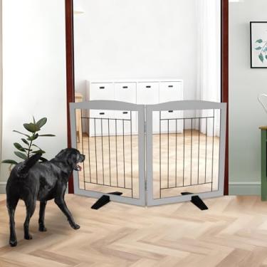 Imagem de ZJSF Cerca interna independente para cães, portão dobrável para portas, escadas ou corredores, portão extra largo de madeira resistente para animais de estimação com pés de suporte para casa, cinza