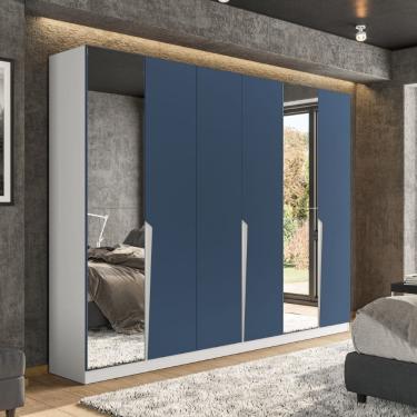 Imagem de Guarda Roupa Roupeiro 6 Portas 4 Gavetas com Espelho Porto Branco Azul Politorno Móveis