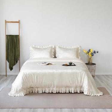 Imagem de GLORY SEASON Conjunto de capa de edredom de veludo retrô com babados acabamento luxuoso sólido marfim branco fazenda vintage conjuntos de roupa de cama, fronhas combinando para decoração de quarto de