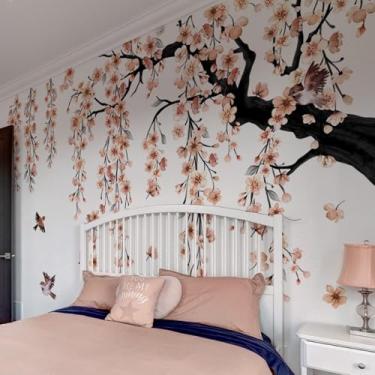 Imagem de Lilacanthara Adesivos de parede de árvore de cerejeira grande, 4 folhas primavera rosa claro flor pássaro decalques de parede descascar e colar murais de parede à prova d'água decoração para sala de