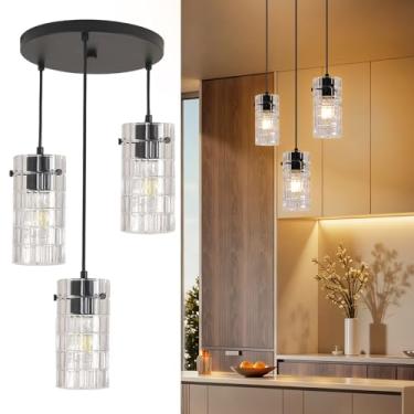 Imagem de Cainjiazh Luzes pendentes de vidro preto, luminárias pendentes, luzes pendentes para cozinha ilha sala de estar, com haste de suspensão ajustável Meatel, (3 luzes)