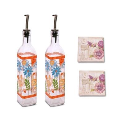 Imagem de Topadorn Conjunto de garrafas dispensadoras de azeite de oliva de 500 ml para cozinha, 2 garrafas dispensadoras de óleo de vidro com despejadores de aço inoxidável, 2 pacotes de papel, flores