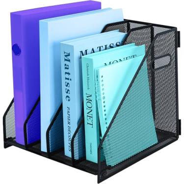 Imagem de TSDRBWO Suporte de arquivo de revista de malha de metal, 4 compartimentos verticais para documentos de mesa com alça, rack de armazenamento de arquivos de escritório para arrumar a mesa, organizador