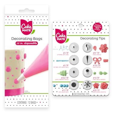 Imagem de Cake Mate Conjunto de sacos e pontas de decoração – 12 sacos descartáveis de 30 cm com 8 pontas de metal para decoração de bolos, cupcakes e biscoitos – Inclui designs redondos, estrelas, folhas