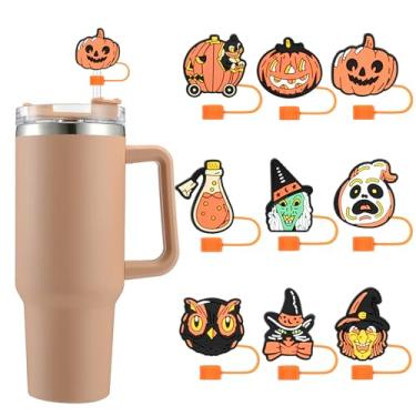 Imagem de 9 peças de cobertura de palha de Halloween para Stanley, tampa reutilizável de silicone para canudos laranja abóbora para copo, 10 mm 1 cm à prova de poeira Stanley Cup acessórios (abóbora de