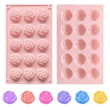Imagem de 2 peças de molde de chocolate de silicone rosa para dia dos namorados, mini formato de flor de rosa, molde de silicone com 15 cavidades para decoração de bolo de casamento no dia dos namorados