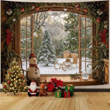 Imagem de Lifeel Tapeçaria de paisagem de Natal, cenário de floresta de pinheiros nevados fora da janela com trenó de madeira e boneco de neve, decoração de fundo grande para quarto e sala de estar e festa