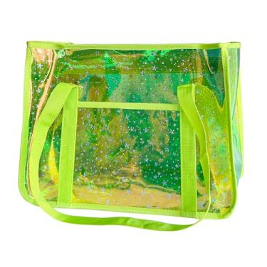 Imagem de TotePrint Bolsa de praia holográfica com estampa de estrelas - Bolsa feminina iridescente de PVC impermeável aprovada para estádios, Verde + estrela, Large, Bolsa de praia