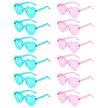Imagem de 12 peças de óculos de sol reveladores de gênero em forma de coração, sem moldura, para meninas e meninos, para festa de chá de bebê, Turquesa + rosa e branco, Medium
