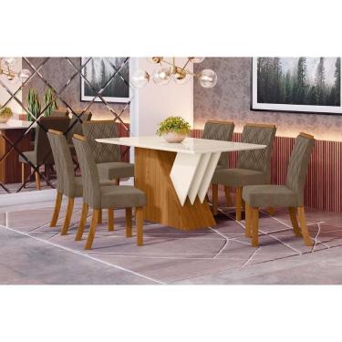 Imagem de Sala De Jantar Tampo Madeirado C- Vidro 160x90cm E 6 Cadeiras Nature-veludo Light Bege Vanilla