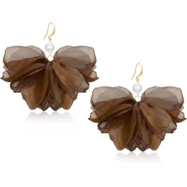 Imagem de unixmoment Brincos femininos com pingente de franja floral de tecido pérola grande boêmio feito à mão, Large, Tecido, Sem pedra preciosa