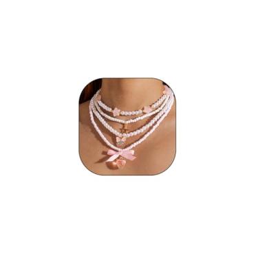 Imagem de Y2k Gargantilha feminina com contas vermelhas/rosa de resina, morango, cereja, fruta, colar, colar empilhado, joias, presente de Natal para Dia dos Namorados, one size, Zinco, Sem Pedra Preciosa