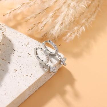 Imagem de Brincos de argola de flor banhados a ouro 14K para mulheres com zircônia cúbica leves pendentes pequenos brincos delicados, standard, Cobre, Sem pedra preciosa