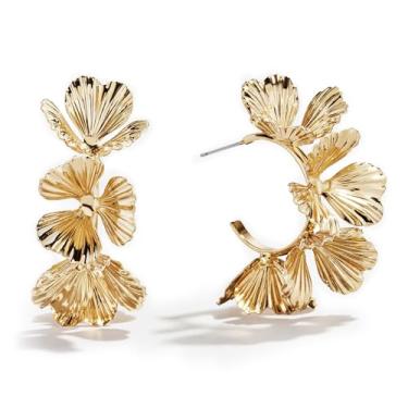 Imagem de Brincos florais de ouro grandes, brincos de argola florais, banhados a ouro 18 K, hipoalergênicos, exagerados, forma de C, grandes, argolas abertas para mulheres