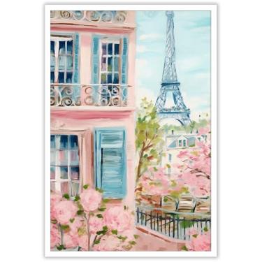 Imagem de Arte de parede em tela rosa suave de Paris - Impressões de arte de paisagem romântica da Torre Eiffel para decoração de quarto | Impressões estéticas acadêmicas para quarto de meninas, escritório e