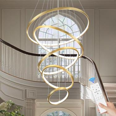 Imagem de Sparklelf Lustre de LED moderno de 5 anéis, regulável, dourado, para foyer, iluminação pendente grande contemporânea LED com controle remoto circular para escadas da sala de estar, 3000K-6500K