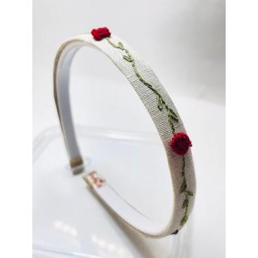 Imagem de Tiara Feminina com Bordado Floral, Tecido Linho Branco, Flores Vermelhas, Acessório para Cabelo Artesanal