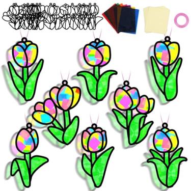 Imagem de 32 conjuntos de tulipas de primavera kit de artesanato faça você mesmo efeito vitral colorido tulipa papel artesanato casa escola sala de aula presente de aniversário criativo projeto de arte e jogo