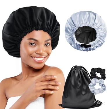 Imagem de BONNET QUEEN touca de cetim dupla face touca de seda para dormir gorro de cetim reversível com cordão para cabelo cacheado presente, preto+cinza