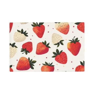 Imagem de Arevigh Jogo americano de morango doce conjunto de 6 tapetes de mesa laváveis primavera verão frutas resistentes ao calor de linho de algodão para mesa de jantar, cozinha, ambientes internos e