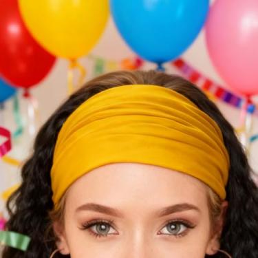 Imagem de Faixa de cabeça feminina com turbante amarelo, faixa de cabelo elástica para ioga, treino, uso diário, 95% poliéster, 5% elastano