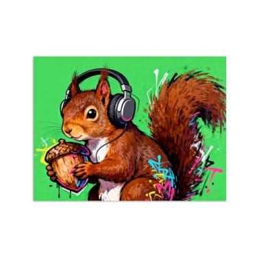 Imagem de Animais Pintura Arte Parede - Esquilo Ouça Música - Impressões em tela - Moderno Colorida Pôster para decoração sala de estar 60x80cm Sem Moldura