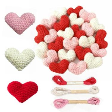 Imagem de Youshe 36 peças de enfeites de coração de crochê, 6,5 cm, corações de crochê feitos à mão, presente de dia dos namorados, enchimento de vaso de coração para artesanato faça você mesmo, árvore de Natal