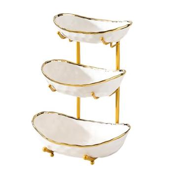 Imagem de jessie Tigela de frutas de 3 camadas para balcão de cozinha, tigela de cerâmica com suporte de metal dourado, cesta de frutas de 3 camadas para pão de legumes, doces, lanches, nozes, bandeja de bolo