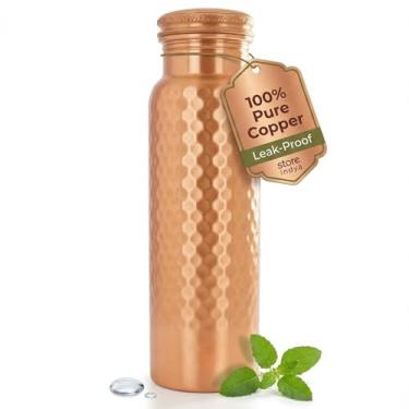 Imagem de Garrafa de água 100% cobre puro para beber, grande, 850 g, recipiente martelado com tampa à prova de vazamento, copo Cooper, frasco, jarra, copos, hidratação com benefícios ayurvédicos, ecológico
