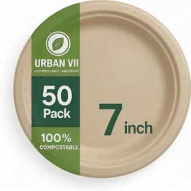 Imagem de URBAN VII Pratos de papel compostáveis bege de 17 cm [pacote com 50] – Pratos de bagaço descartáveis resistentes (fibra de cana-de-açúcar), louça biodegradável ecológica, segura para micro-ondas e à