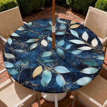 Imagem de COTAIL Toalha de mesa redonda para uso ao ar livre com zíper e orifício para guarda-chuva, toalha de mesa elástica à prova d'água a óleo para pátio, piquenique, acampamento, jardim, serve para mesa