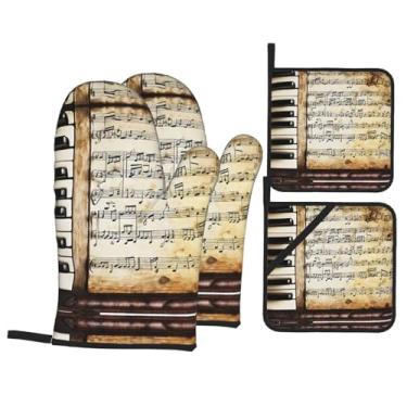 Imagem de Notas musicais para piano violino - Conjunto de luvas de cozinha impressas com suportes de tampa, luvas de forno resistentes ao calor para manusear panelas quentes, grelhar, churrascos, kit de 4 peças