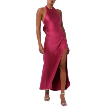 Imagem de Lulus Margaret Vestido longo de cetim frente única para mulheres, formal, noite, casamento, convidada, festa, com abertura nas costas e fenda lateral magenta