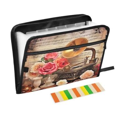 Imagem de Wassud Gramofone vintage e rosas organizador de arquivos sanfonados, 13 bolsos, pastas expansíveis com abas e adesivos, organizador de pastas de documentos de recibo de papel tamanho carta A4 para