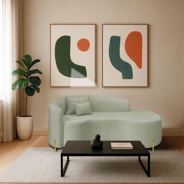 Imagem de Divã Recamier Curvo Sala De Estar Recepção Inglaterra 200cm Pés Metal Dourado Lado Direito Bouclé Verde Oliva