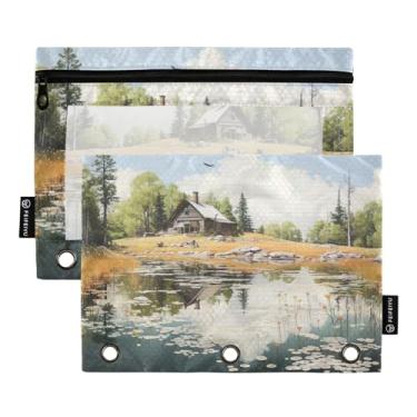 Imagem de Wassud Bolsa de lápis para fichário de 3 anéis, bolsa de lápis transparente, bolsa de madeira com zíper liso, estojo de lápis padrão, pacote com 2