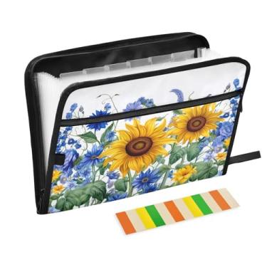 Imagem de Wassud Pasta organizadora de arquivos de papel A4 de girassóis e sinos sanfonados, pasta organizadora de documentos, com etiquetas, pasta de arquivos expansível, 13 bolsos