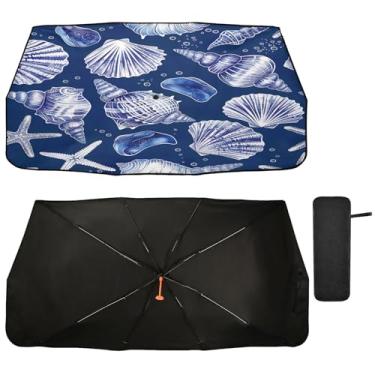 Imagem de YETTASBIN Guarda-sol para para-brisa de carro dobrável com concha marítima, protetor de para-brisa frontal UV com bolsa de armazenamento para carro, caminhão, SUV, a maioria dos veículos, 147 x 73 cm