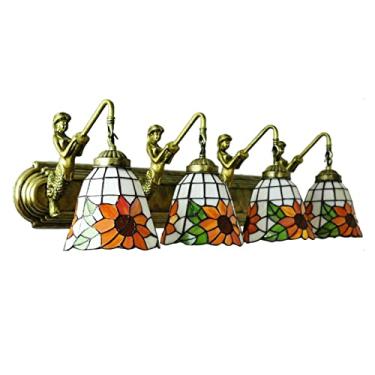 Imagem de Arandelas de parede estilo Tiffany com múltiplos braços, luminárias vintage em vitral para banheiro, com espelho em formato de girassol, ideais para maquiagem, banheiro e corredor. 110V-240V