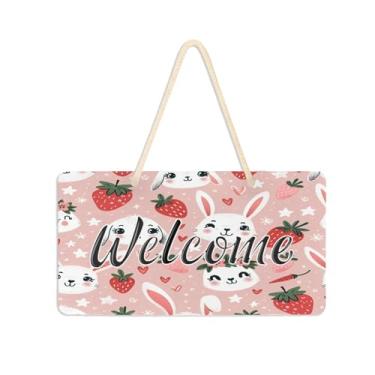 Imagem de Burbuja Placa de boas-vindas de coelho morango para porta da frente, placa de boas-vindas de PVC para decoração de férias, 15 x 28 cm