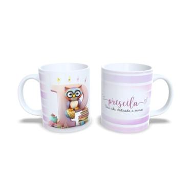 Imagem de Caneca de Cerâmica 325ml Corujinha Personalizada, Dia do Professor, Nome Customizado, Todas as Letras Disponíveis (p)
