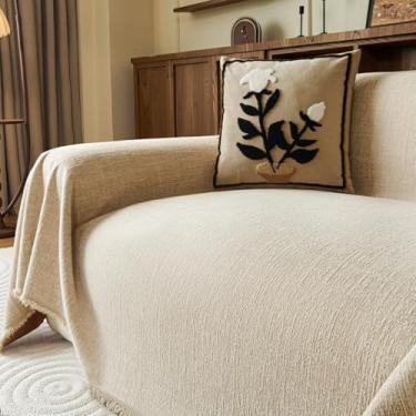 Imagem de ComiComi Capa de sofá para poltrona, cáqui, lavável, capa de sofá macia boho chenille em forma de L, textura enrugada, antiarranhões com borlas, 180 cm x 231 cm