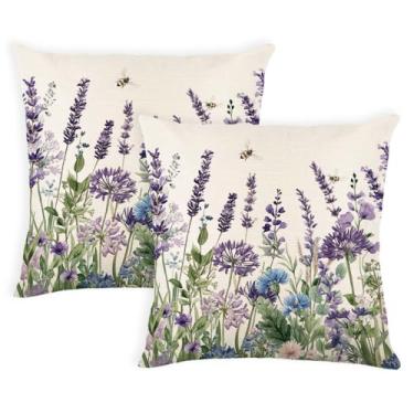Imagem de yeshttdy Capas de almofada de primavera 45,7 x 45,7 cm Conjunto de 2 capas de almofada decorativas de abelha, flor de lavanda roxa, decorações de primavera para decoração de sofá e jardim