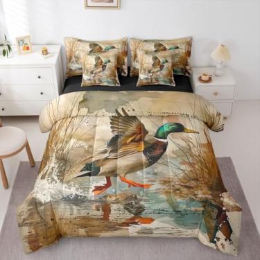 Imagem de Erosebridal Wild Ducks Conjunto de cama King Mallards com 7 peças, pingos de água, aquarelas, caça, paralelepípedos, cinza, para adolescentes, homens e mulheres