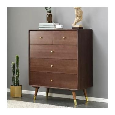 Imagem de Cômodas Cômoda larga toda em madeira maciça de luxo Sala estar 5 gavetas Organizador armazenamento para quarto Corredor, Nogueira