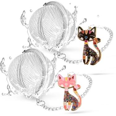 Imagem de TeaSanavie Pacote com 2 infusor de chá para gatos - infusor de folhas de chá soltas com pingentes divertidos de gato rosa e preto, bola de chá de malha fina para chá de folhas soltas, aço inoxidável