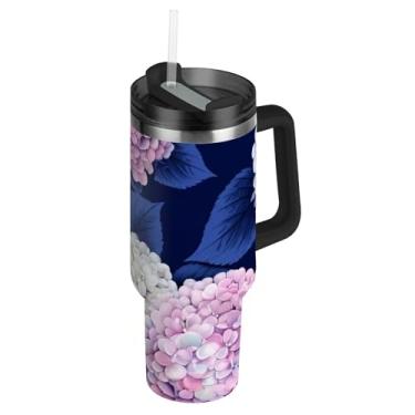 Imagem de Joisal Copos azuis de flores de hortênsia rosa pastel com tampa e canudos Copo moderno de 1,134 g com alça Garrafas de água isoladas de aço inoxidável carros caneca de café bebida quente