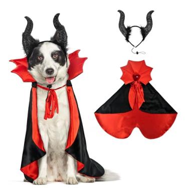Imagem de CooShou Conjunto de 2 peças de fantasia de Halloween para cães, gatos, bruxas, vampiros, capas, chifres de diabo, roupas de férias para gatos, filhotes, festa de Halloween, roupas para animais de