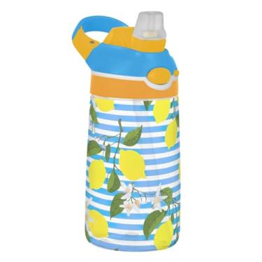 Imagem de Garrafa de água de 473 ml com canudo para crianças, meninas, meninos, 473 ml, garrafa de água esportiva à prova de vazamento, reutilizável, portátil, infantil, alça de transporte, flores de limão