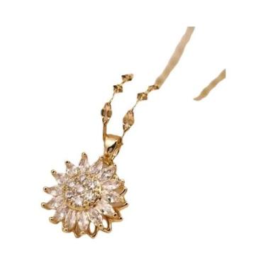 Imagem de Colar Feminino Com Pingente Giratório De Girassol Dourado Em Zircônia 